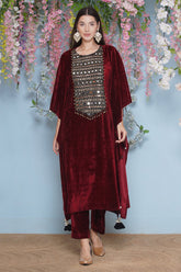 Maroon Velvet Hand Embellished Kaftaan Set