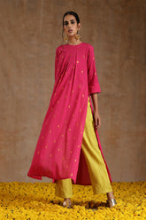Pink Gold Cotton Neck Pleat Kurta Set