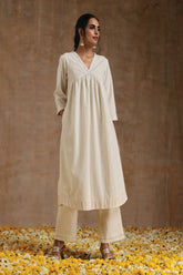 Ivory Gold Cotton Flared Kurta Set