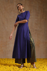 Spectrum Blue Gold Cotton High Slit Kurta Set