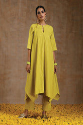 Lime Gold Cotton Handkerchief Kurta Set