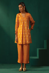 Truebrowns Mustard Geometric Floral Viscose Silk Front Pleat Co-Ord Set