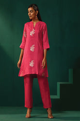 Truebrowns Pink Floral Viscose Silk Round Neck Co-Ord Set