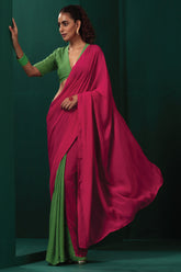 Truebrowns Green Pink Muslin Silk Pre-Stitched Saree