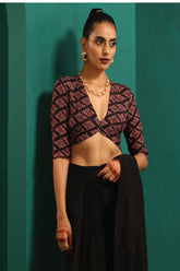 Truebrowns Black Muslin Silk Diamond Printed Deep V-Neck Blouse