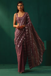 Truebrowns Mauve Cotton Silver Lurex Striped Pre-Stitched Saree