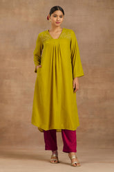 Truebrowns Lime Velvet Yoke Embroidered Kurta