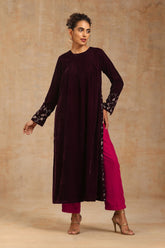Truebrowns Wine Velvet Embroidered Kurta