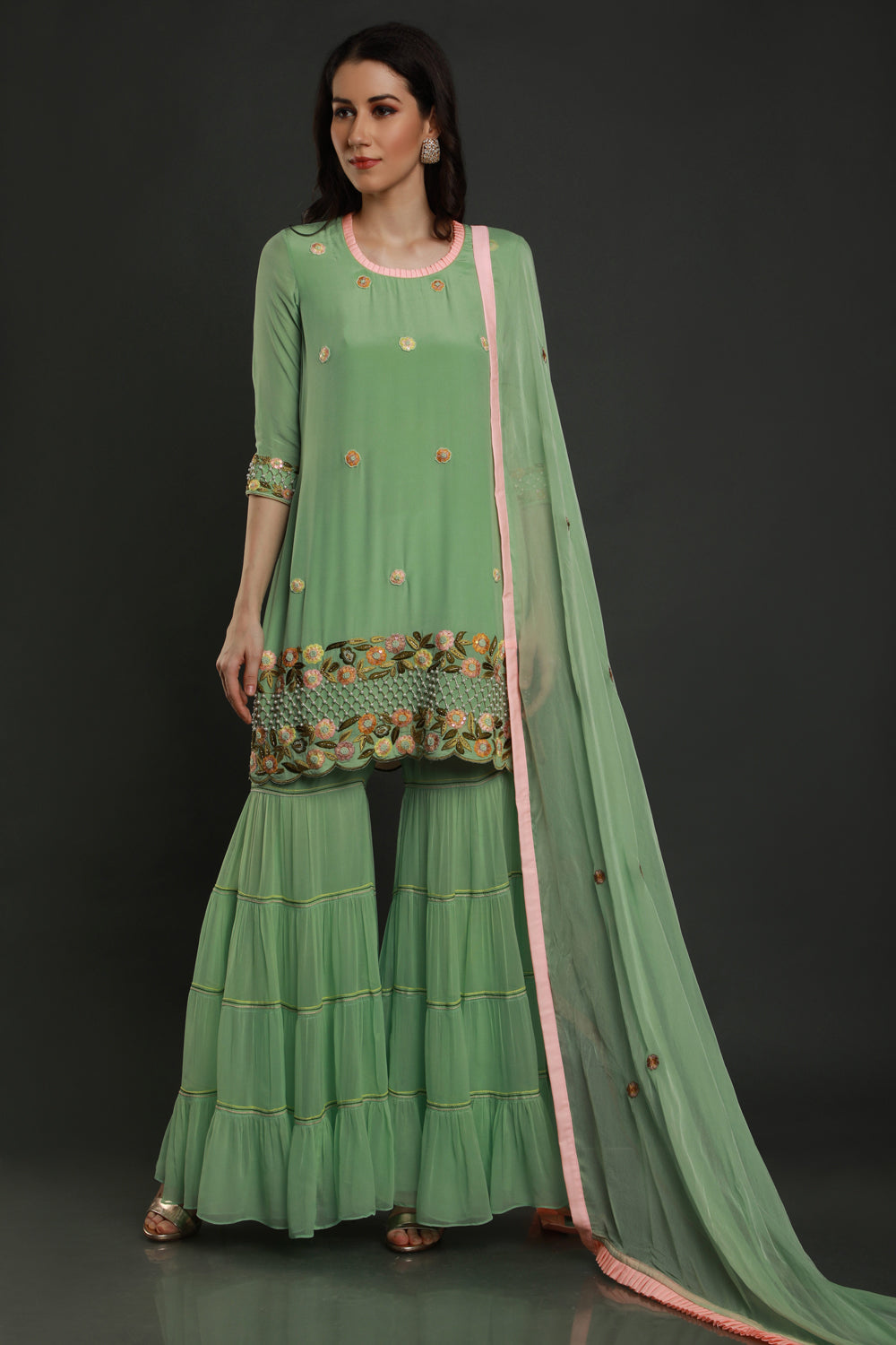 Cyan Kurta With Garara And Dupatta