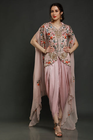 Peony Pink Short Kurta With Dhoti And Cape Dupatta