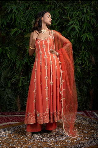 Rust Orange Georgette Anarkali Paired With Straight Pants And Tulle Dupatta