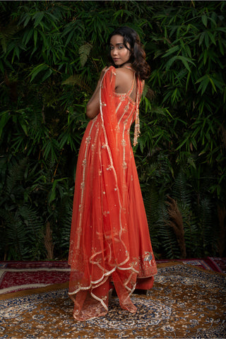 Rust Orange Georgette Anarkali Paired With Straight Pants And Tulle Dupatta