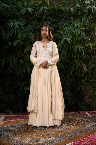 Ivory Georgette Anarkali Paired With Churidar And  Silk Organza Dupatta