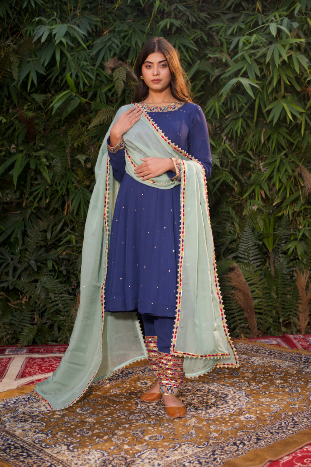 Royal Blue Short Georgette Anarkali Paired With Salwar And Ice Blue Silk  Dupatta