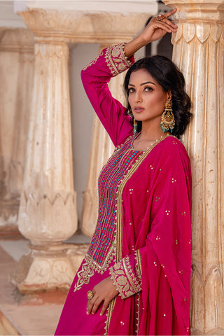 Fuschia Pink Chanderi Silk A-Line Suit