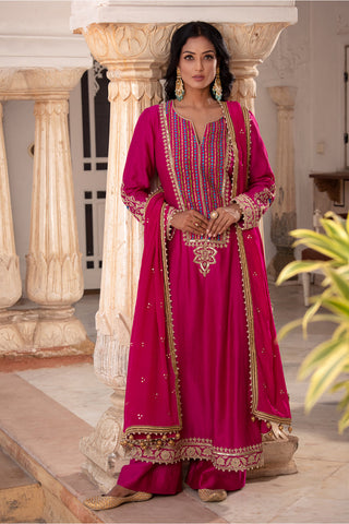 Fuschia Pink Chanderi Silk A-Line Suit