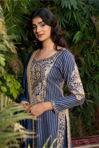 Royal Blue Raw Silk Straight Suit Paired With Pants And Dupatta