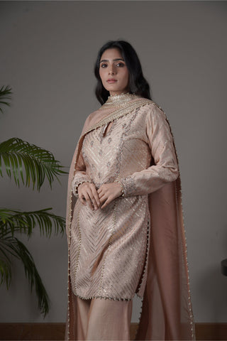 Peach Chanderi Silk Kurti Paired With Culottes Pants And  Dupatta