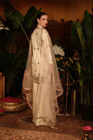 Ivory Raw Silk Kurti  Paired With Culottes Pants And Dusty Pink  Dupatta