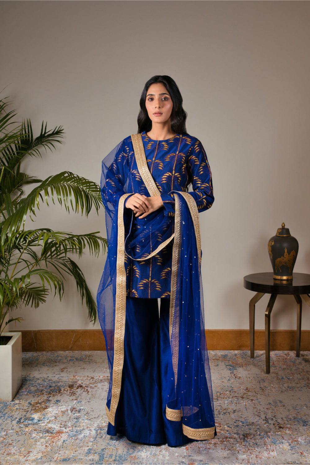 Royal Blue Chanderi Silk Kurti  Paired With Culottes Pants And   Dupatta