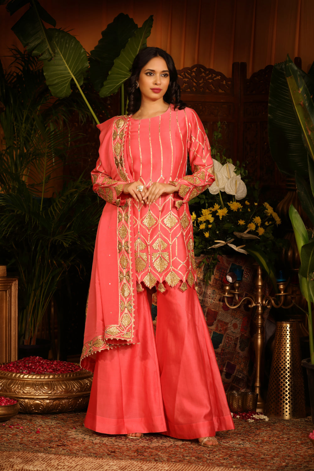 Coral Pink Kurti Paired With Culottes Pants And  Dupatta