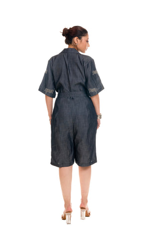 Denim Playsuit With Embroidery