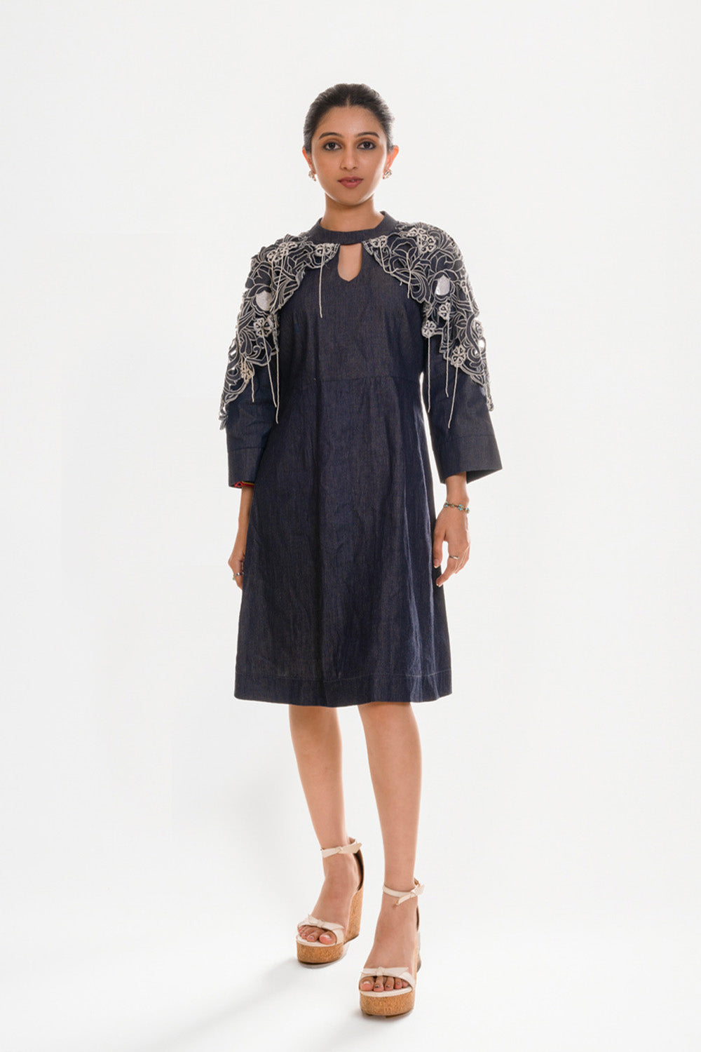 Denim Cape Dress With Hand Embroidery