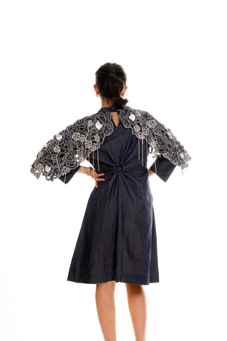 Denim Cape Dress With Hand Embroidery