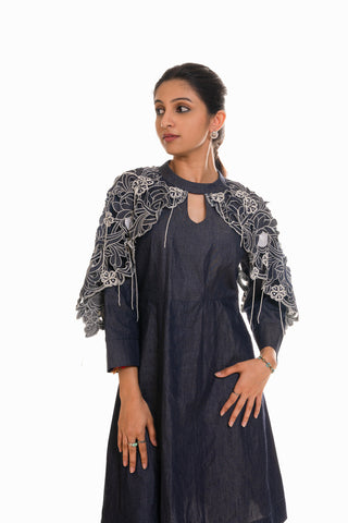 Denim Cape Dress With Hand Embroidery