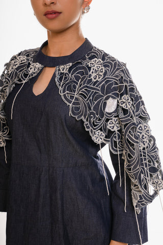 Denim Cape Dress With Hand Embroidery