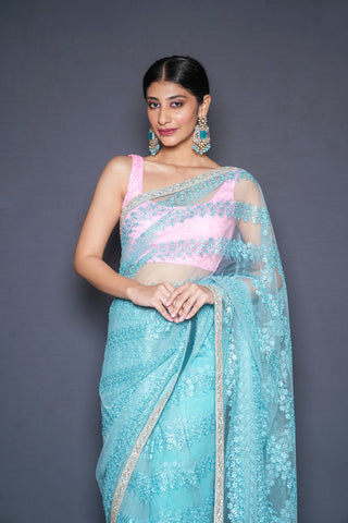 Cyan Blue Blouse Saree Set