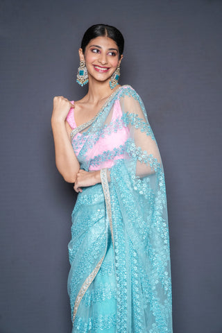 Cyan Blue Blouse Saree Set