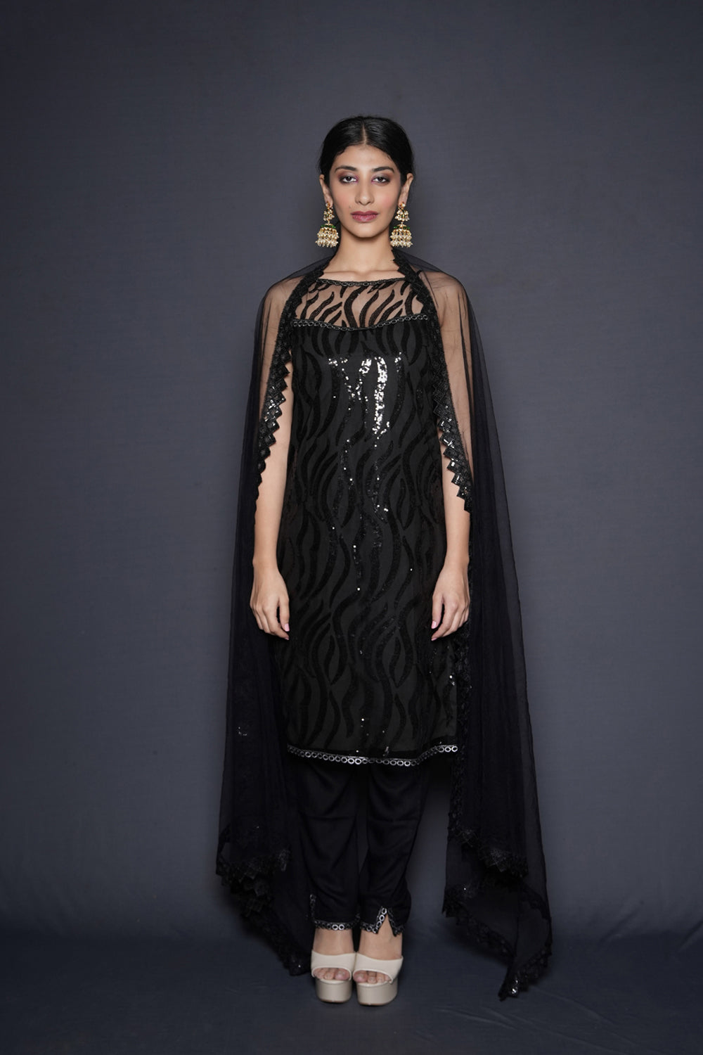 Striking Black Embellished Kurta Pant Set