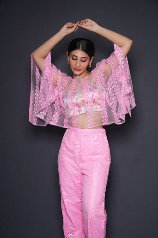 Pink Cropped Cape Blouse Pant Set