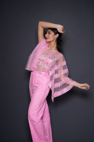 Pink Cropped Cape Blouse Pant Set