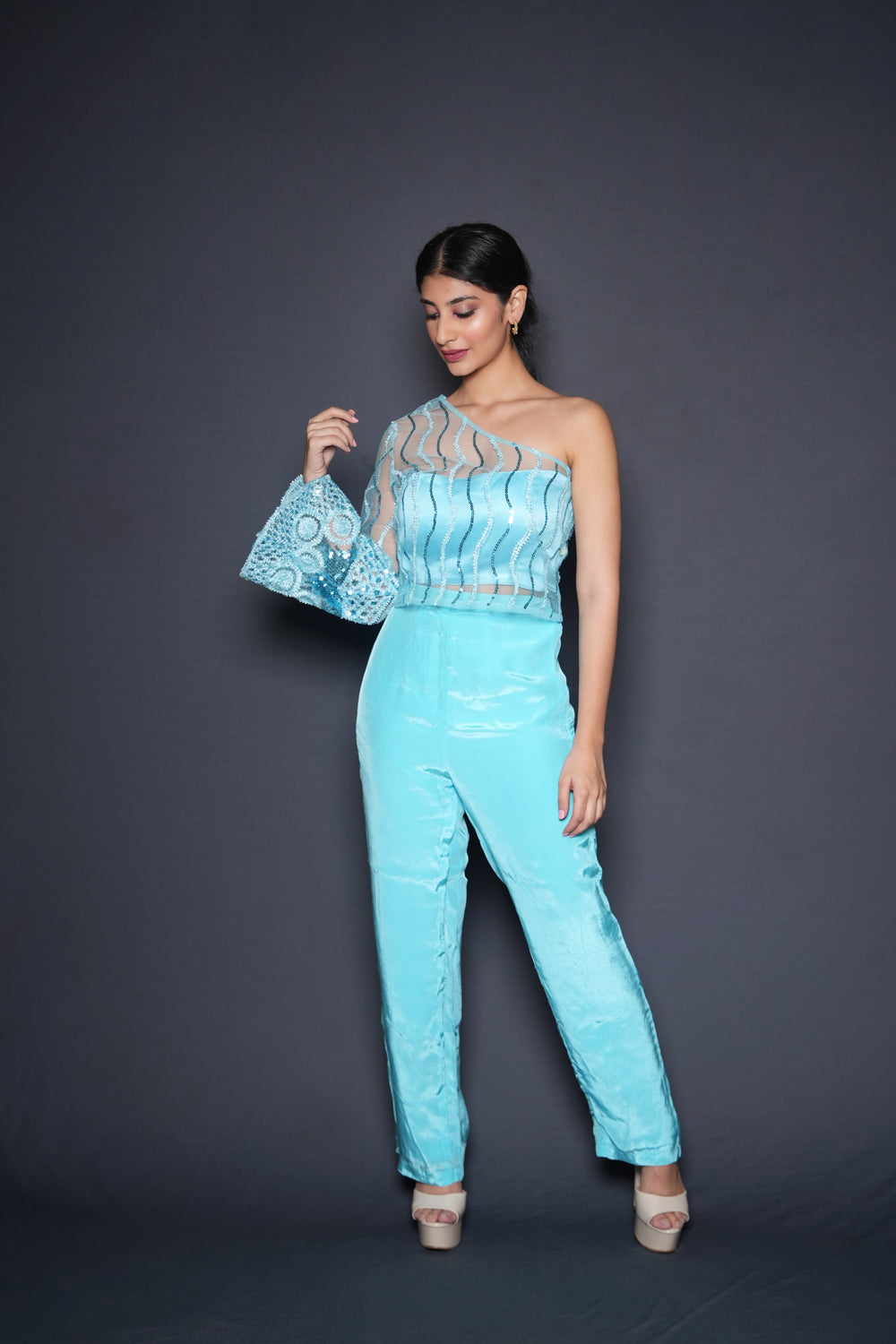 Zima Blue Embellished Offshoulder Blouse Pant Set