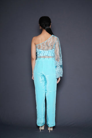 Zima Blue Embellished Offshoulder Blouse Pant Set