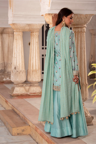 Ice Blue Chanderi Silk Straight Kurti Paired With Gharara And Mukaish Dupatta