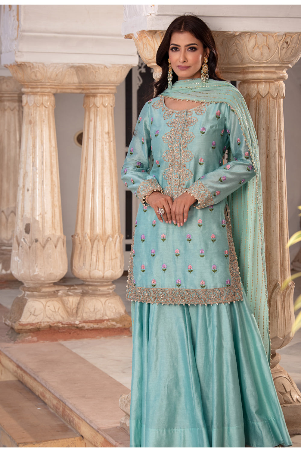 Ice Blue Chanderi Silk Straight Kurti Paired With Gharara And Mukaish Dupatta