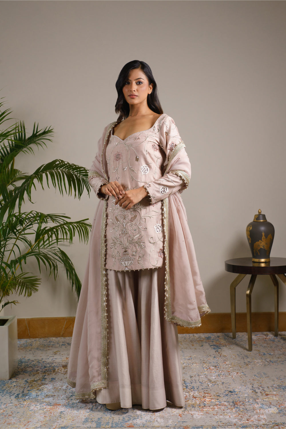 Lilac Raw Silk Kurti  Paired With  Sharar And   Duppata