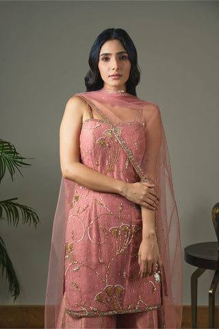 Dusty Pink Tulle Kurti  Paired With Kasab Silk Gharara And Dupatta