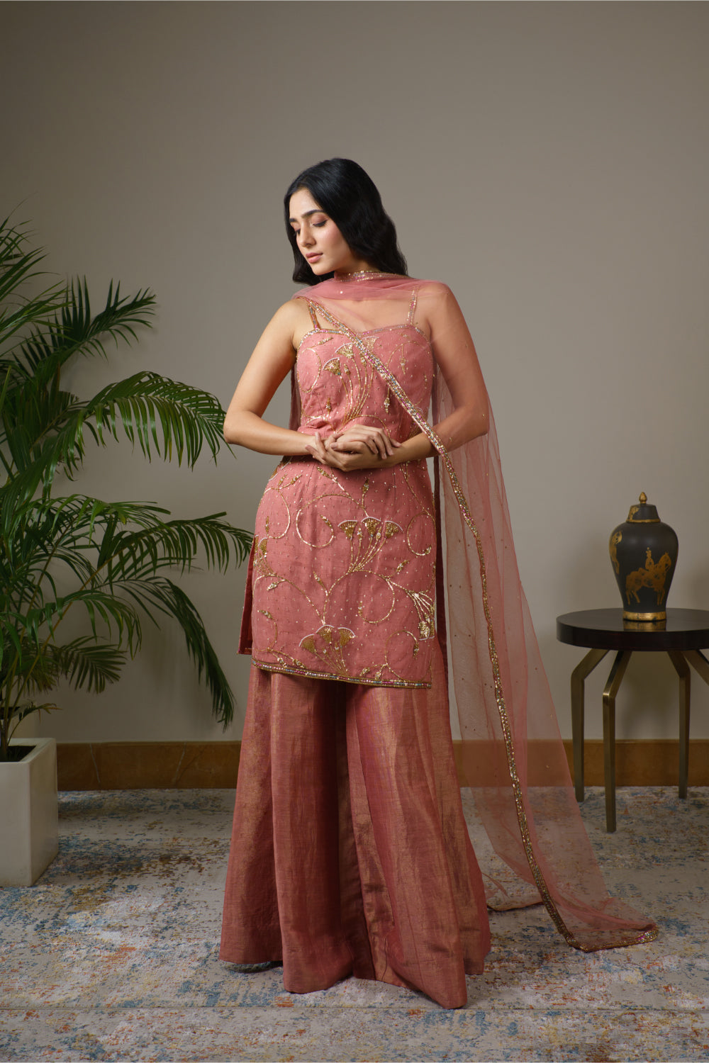 Dusty Pink Tulle Kurti  Paired With Kasab Silk Gharara And Dupatta