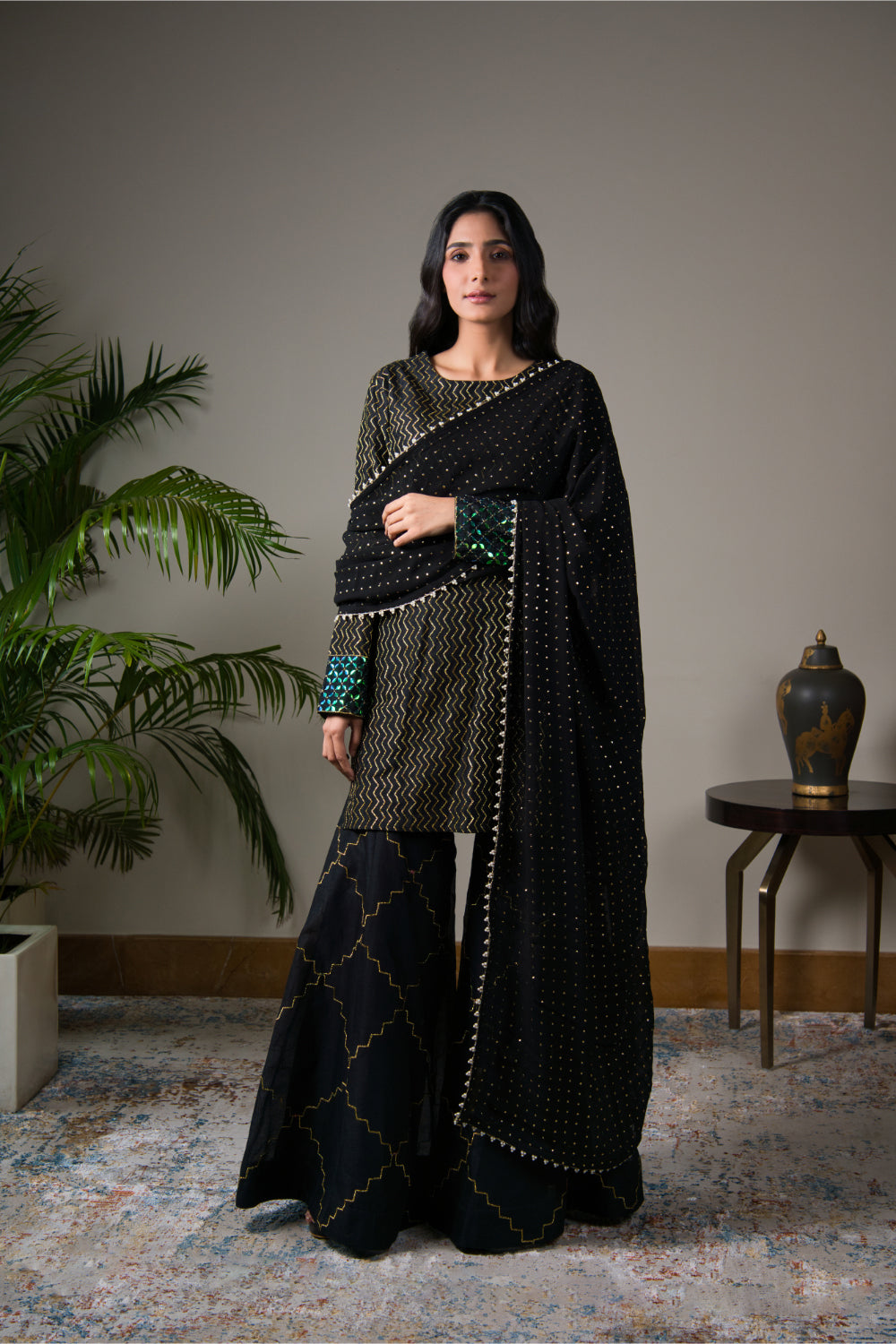 Black Chanderi Silk Kurti Paired With Gharara And Dupatta