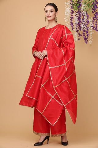 Red Silk Kurta Set With Gota Work