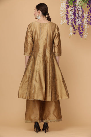 Dark Beige Silk Kurta Set With Gota Work