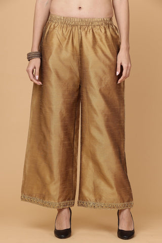 Dark Beige Silk Kurta Set With Gota Work