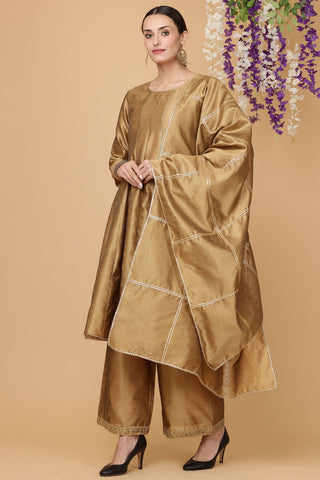 Dark Beige Silk Kurta Set With Gota Work