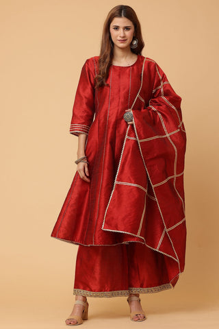 Maroon Silk Kurta Set With Gota Work