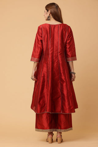Maroon Silk Kurta Set With Gota Work