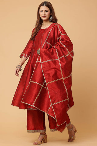 Maroon Silk Kurta Set With Gota Work